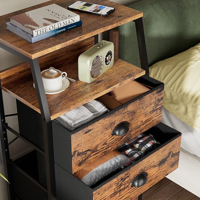 Furnulem Tall 5 Drawers Dresser, Vertical Storage Tower Fabric Dresser for Bedroom, Hallway, Entryway, Nursery, Closet Organizer, Nightstand Bedside Table Furniture, Sturdy Steel Frame, Wood Top-NeatNest