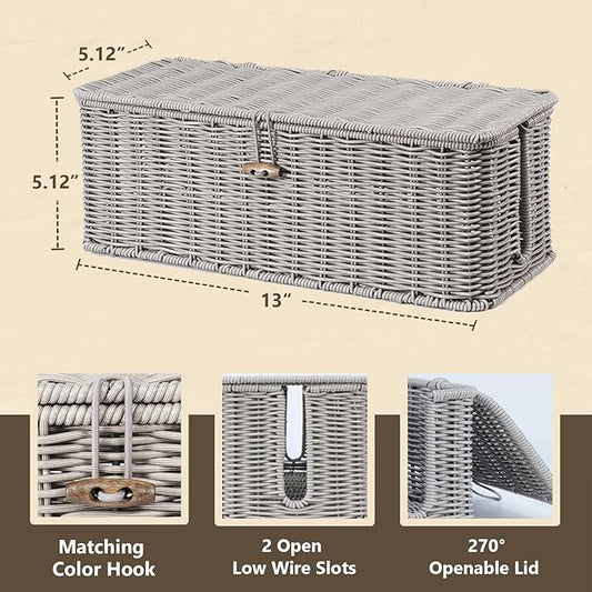 BROWNLILY Cable Management Box, Rattan Style Cord Organizer for Desk Cord Hider Outlet Covers Baby Proofing for Power Strip TV PC Router Charger Under Desk Storage with Lockable Lid and Cable Ties-NeatNest