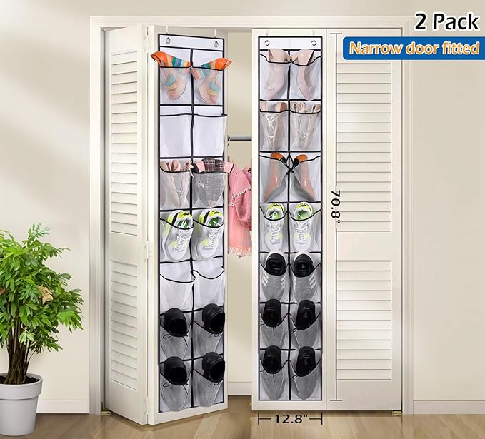 MISSLO Narrow Over the Door Shoe Organizer 14 Large Pockets Door Shoe Hanger Hanging Shoe Rack for Closet Cruise Ship Essential,White, 2 Pack-NeatNest