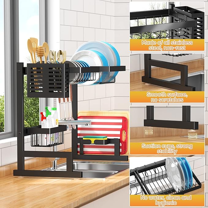 PUSDON Over Sink Dish Drying Rack Stainless Steel, Adjustable Large Dish Drainer for Storage Kitchen Organization Black 2 Tier-Simplified(26"-38")