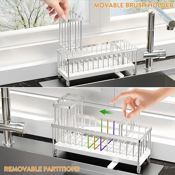 Cisily Extra Large Silver Sponge Holder for Kitchen Sink, Sink Caddy Organizer with High Brush Holder, Kitchen Countertop Organizers and Storage Essentials, Rustproof 304 Stainless Steel-NeatNest