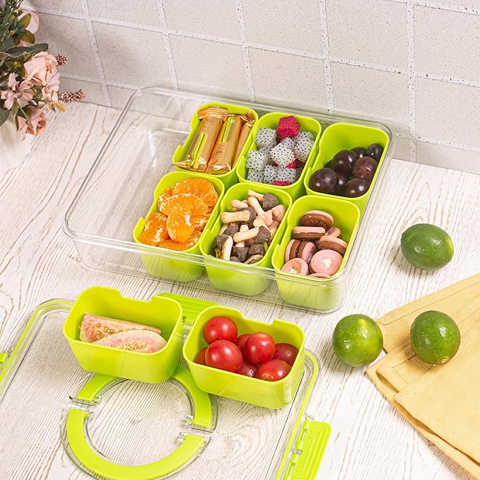 Divided Serving Tray with Lid and Handle - Snackle Box Charcuterie Container for Portable Snack Platters Organizer for Candy, Fruits, Nuts, Snacks - Perfect for Party, Entertaining, Green-NeatNest