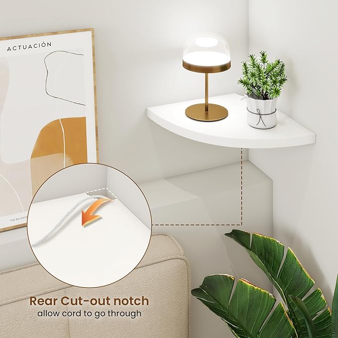 Fun Memories Corner Shelf Wall Mount Set of 2 - Solid Oak Wood Floating Corner Shelf with Cable Hole, 10in Rustic Design for Bedroom, Living Room, Kitchen (White)-NeatNest