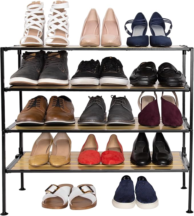 Seville Classics Sturdy Freestanding Storage Shelf for Bedroom, Closet, Entryway, Dorm Room Organizer Stackable Durable Metal Shoe Rack Countryside Aspen Slat, 2-Tier-NeatNest