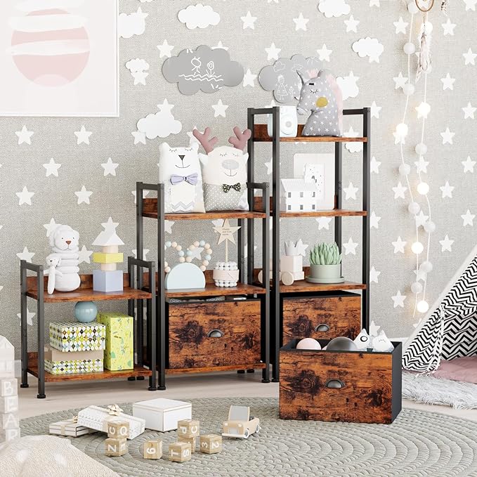 Furologee 4 Tier Bookshelf with Drawer, Tall Bookcase with Shelves, Narrow Bookshelves Storage Organizer, Wood and Metal Display Standing Shelf Unit for Bedroom, Living Room, Rustic Brown