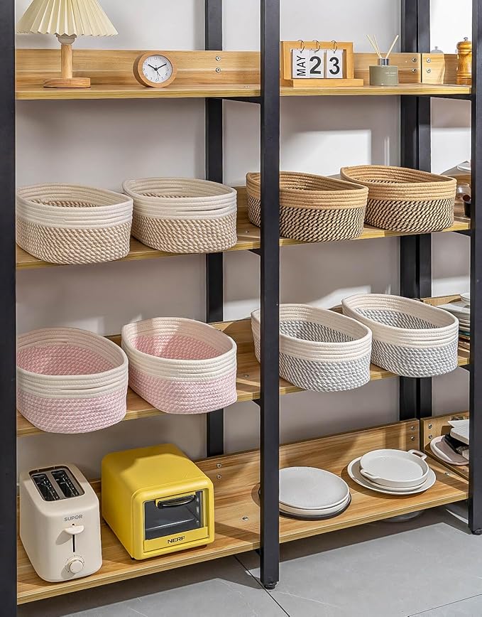 CubesLand Small Baskets, Storage Baskets for Organizing Shelves, Rectangular Woven Storage Basket Natural Cotton Rope Bins Closet Baby Nursery Empty Gifts Basket Off White/Mixed Gray-NeatNest