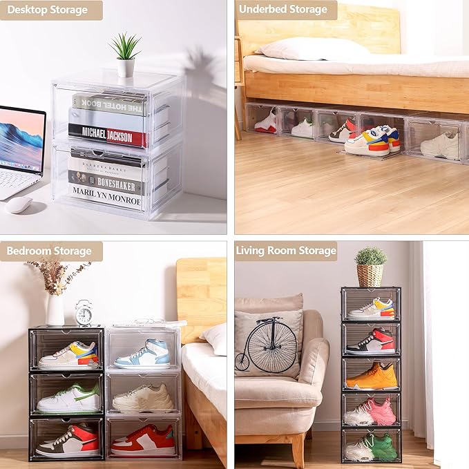 Attelite Large Clear Shoe Box Organizer,Plastic Stackable Shoe Storage Box with Magnetic Door, Large Clear Door Shoe Containers for Display Sneakers, Easy Assembly(Black)
