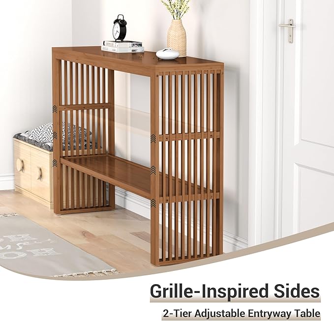 Bamboo Wood Entryway Table 47.2" Console Table, 2-Tier Farmhouse Narrow Sofa Table with Grille-Inspired Sides Easy Assembly for Entrance, Hallway, Living Room, Bedroom, Foyer(Walnut)-NeatNest