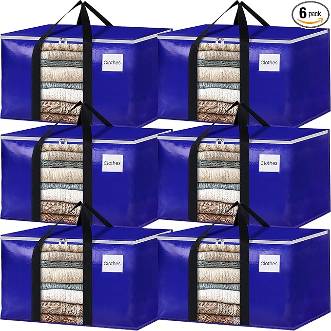 BlissTotes 6 Pack Moving Bags with Clear Window, Storage Bags with Strong Carrying Handles & Zippers,Large Packing Bags for Saving Space, Alternative to Moving Boxes(Blue,33 Gallon)-NeatNest