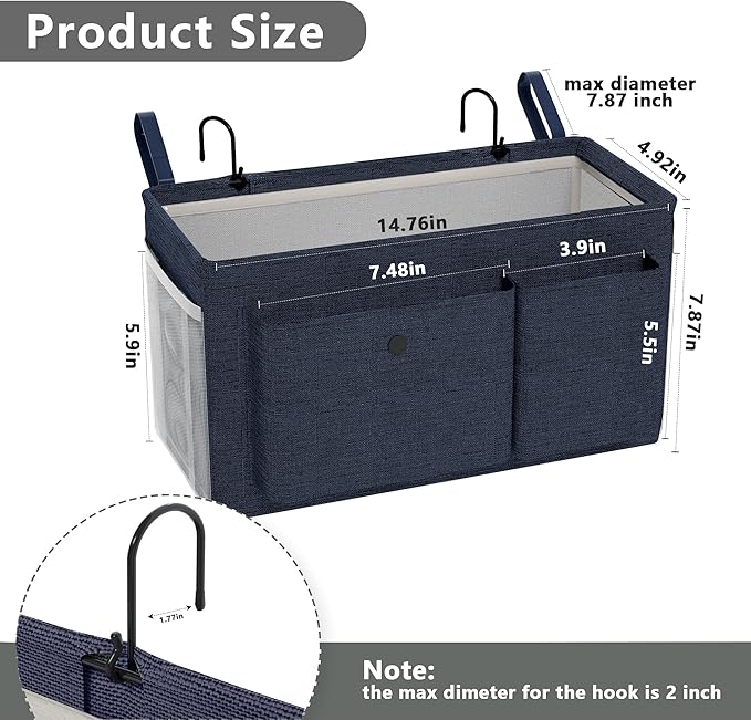 Bedside Caddy Bedside Organizer with Fixed Straps & Water Bottle Holder, Bunk Bed Caddy ideal for Home, Dorm, Hospital, Crib, Versatile Bedside Storage Solution (Navy 2pcs)-NeatNest