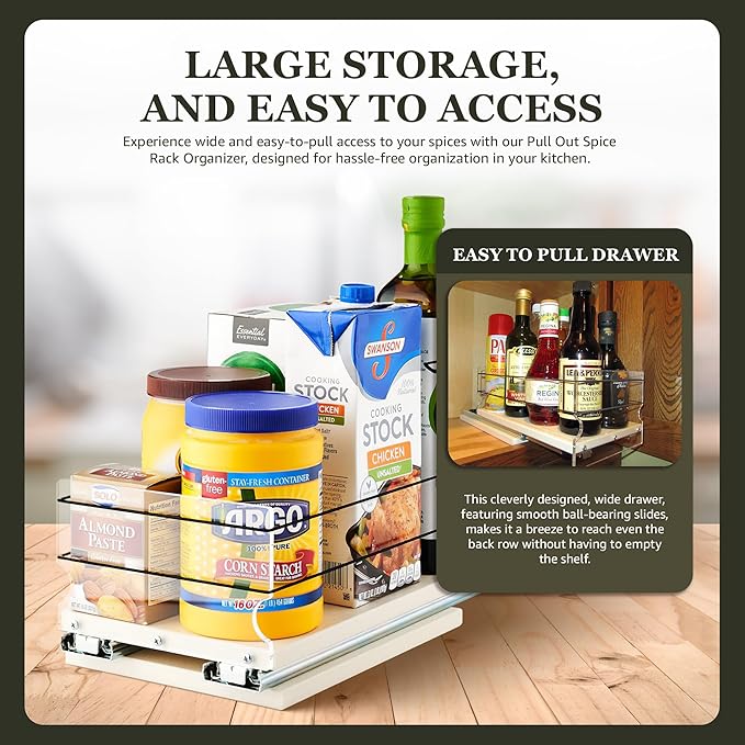 Vertical Spice 13.8" Depth Heavy Duty Pull Out Spice Rack Drawer - 1 Drawer, Mix Containers - Sliding Cabinet and Pantry Organizer - Kitchen Cupboard Storage Rack (6.9" W x 5.0" H x 13.8" D, Cream)
