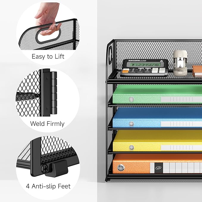 2 Pack 5-Tier Paper Organizer Letter Tray with Handle - Black Mesh Desk Paper Sorter File Organizer for Office, Home or School File Folder Holder