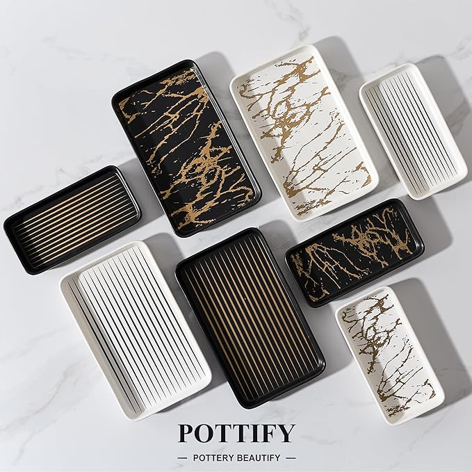 Bathroom Vanity Tray for Countertop,2PC Rectangle Striped Tray,Decorative Bathroom Organizer for Scrubber, Lotion Bottles, Perfume, Jewelry, Candle, Key Trinket Ring(Small,Black)-NeatNest