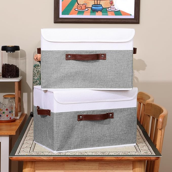 ANMINY 2PCS Storage Boxes with Lid Washable Decorative Storage Bins Basket with PU Leather Handle Foldable Linen Fabric Storage Cubes Containers for Home Closet Organizer - Gray White, Large Size-NeatNest