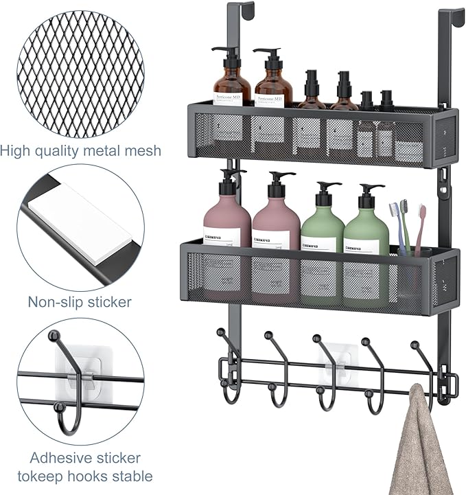 Adjustable Over The Door Hooks Organizer, Door Hanger Coat Rack with 2 Mesh Baskets and 10 Hooks, Back of Door Storage Organizer for Bedroom,Bathroom,Kitchen (Black)