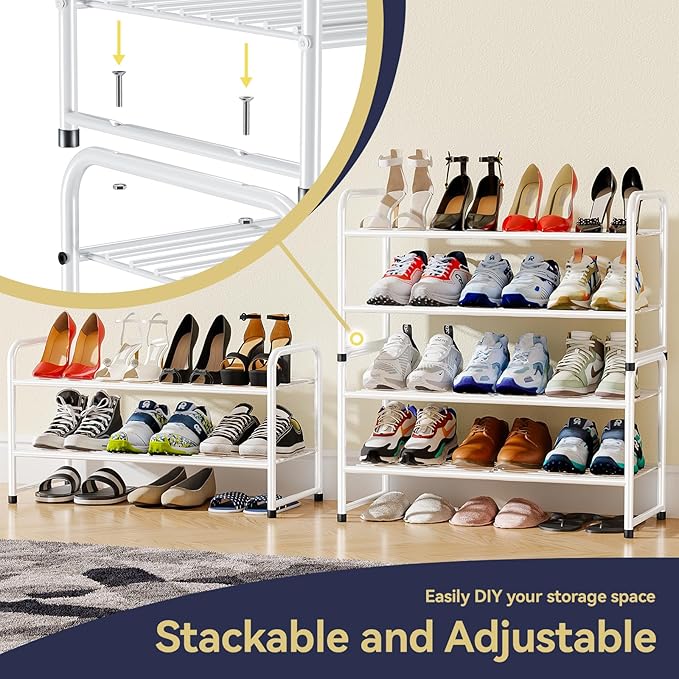 2-Tier 27” Wide Shoe Rack for Closet, Metal Stackable Shoe Shelf Organizer, White-NeatNest