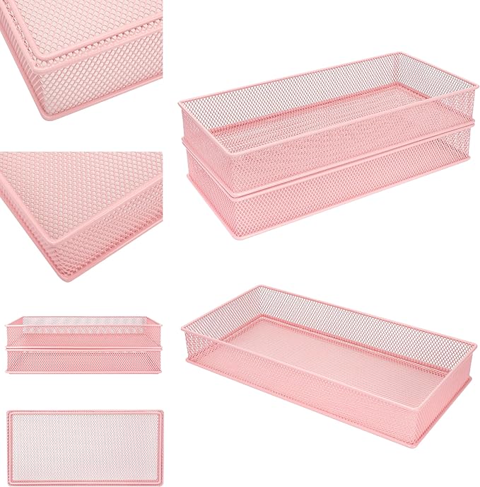 Annova Mesh Stackable Drawer Cabinet and Shelf Organizer Bins Storage Basket School Office Supply Holder Tray- Set of 2 (Light Pink, 6x12x2 Inch)-NeatNest