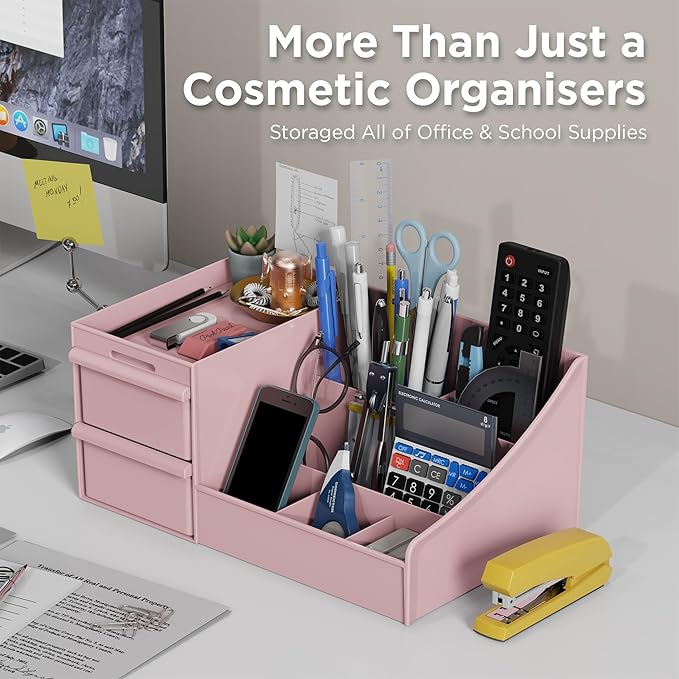 Makeup Organizer Countertop, Vanity Organizer with Drawers for Cosmetics, Skincare, Brushes, Perfume, Skincare Organizer for Vanity, Perfume Organizer for Dresser, Bathroom (Pink&2 Drawers)-NeatNest