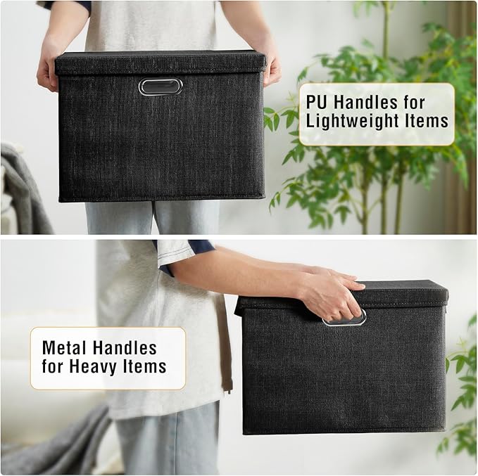 17" Large Collapsible Storage Bins with Lids, Stackable Closet Organizers with PU Handle and Labels, 3-Pack Decorative Fabric Storage Boxes for Home, Bedroom, Closet, Office, Nursery(Black)-NeatNest