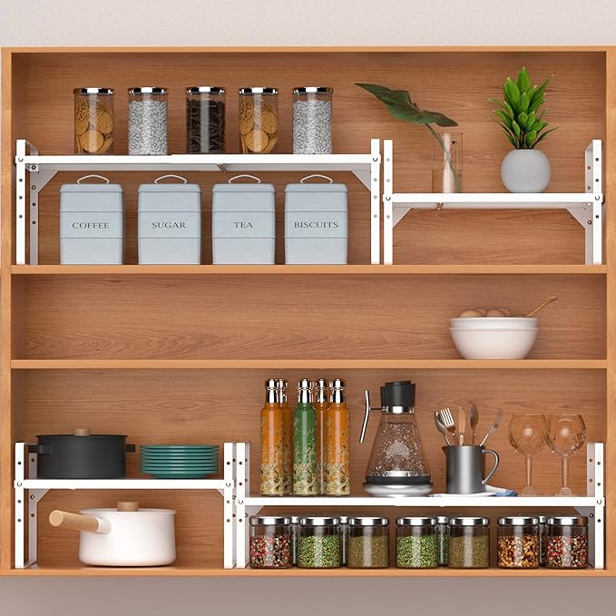 Expandable Counter Shelf, Adjustable Height Spice Rack Metal Mesh Board Shelf Organization for Kitchen Pantry Bathroom Office -White-NeatNest