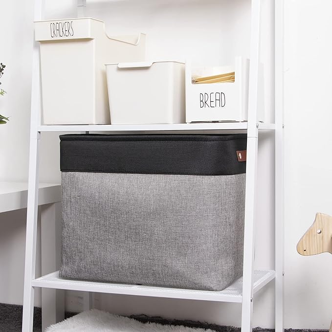 DULLEMELO Large Collapsible Storage Basket/Bin with Sturdy Leather Handles, Fabric Organizer Bin for Storage Clothes, Toys, Books, Office, Bedroom, Closet, Nursery & Laundry (Black&Gray)-NeatNest