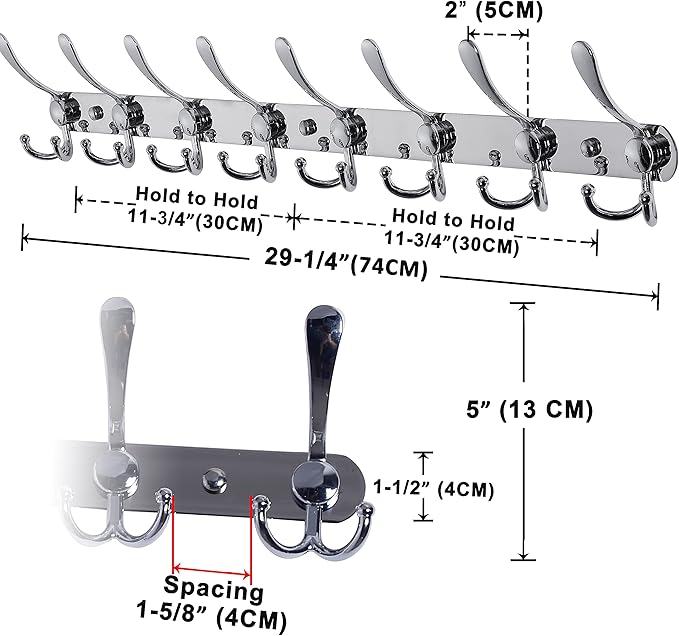 Dseap Coat Rack Wall Mount - 29.5” Long 8-Tri-Hooks Heavy Duty Coat Hanger Rail Wall Hooks for Hanging Coats Hats Clothing Clothes Purse Mudroom Entryway, Chromed-NeatNest