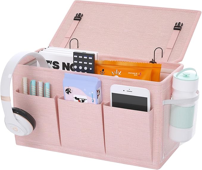 Dual-purpose Bedside Caddy Bedside Organizer, Bed Caddy with 6 Pockets, Versatile Bedside Storage Solution Magazine Remotes holder, ideal for Home, Dorm, Hospital, Crib Bed (Pink)-NeatNest