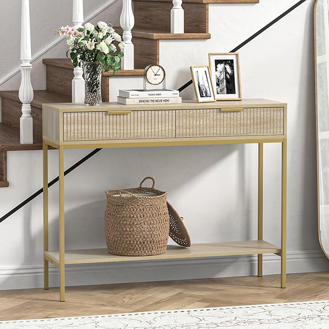 Anmytek Console Table with Storage, Wood Entryway Table with 2 Drawers, Narrow Long Sofa Table Hallway Foyer Table with Storage Shelves Behind Couch Table for Living Room, H0117-NeatNest