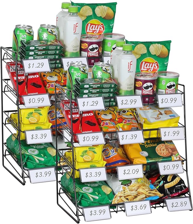 4-Tier Black Stackable Candy Display Rack, Snack Organizer For Countertop, Stores, Offices with 24 Signs and 60 Labels (Black-2 Pack)