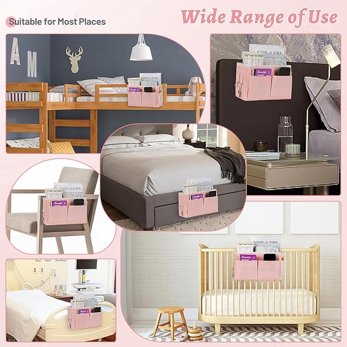 Bedside Caddy Hanging Storage with Water Bottle Holder for Bunk Bed Hospital Bed Dorm Rooms (Pink)-NeatNest