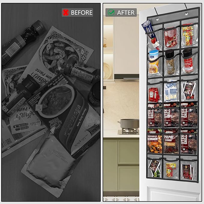2 Pack Over the Door Pantry Organizer Hanging Seasoning Packet Storage Wall Mount Spice Holder for Kitchen Snack Food Tea Bag (Grey)-NeatNest