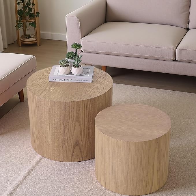 2-Piece Round Nesting Coffee Table, Circle End Table Wood Accent Table, Minimalist Side Table Set for Small Spaces, Living Room, Apartment(Oak)