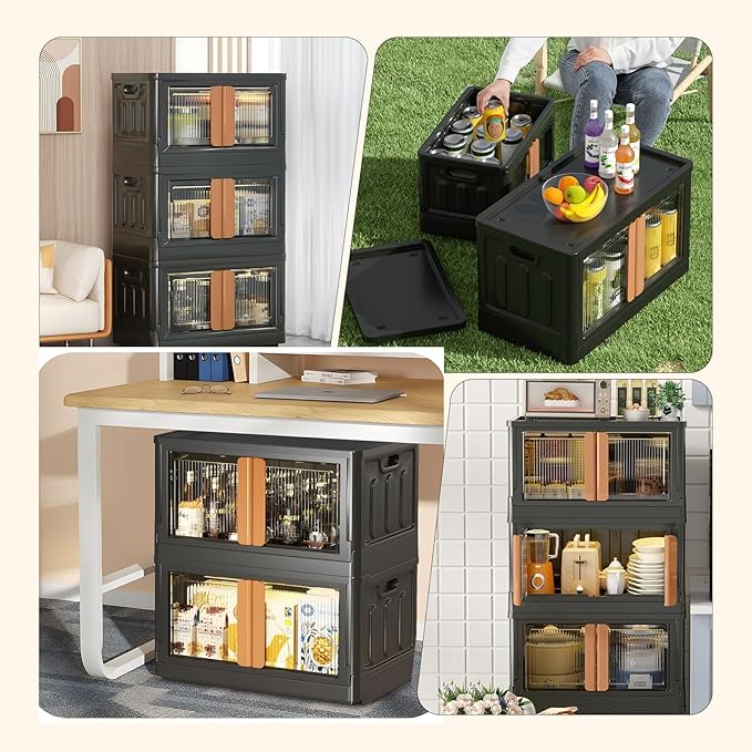 FAHKNS 3 Pack 19 Gallon Collapsible Storage Boxes, Lidded Storage Box with Door and Wheels for Clothes, Tools, Office Supplies, Large Folding Storage Box for Home, Black