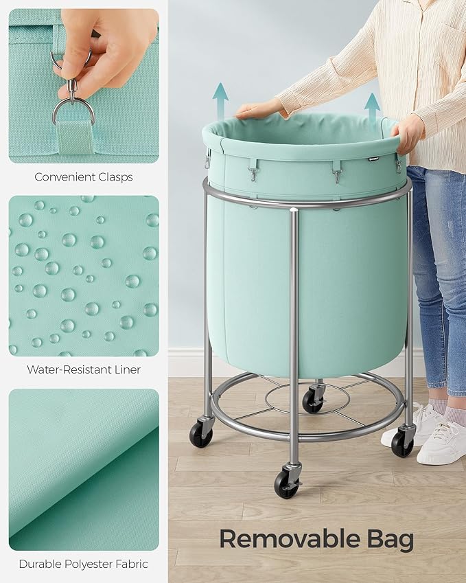 SONGMICS Laundry Basket with Wheels, Rolling Round Laundry Hamper Cart, 45 Gal. with Steel Frame and Removable Bag, 4 Casters and 2 Brakes, Mint Green and Metallic Silver URLS001C01