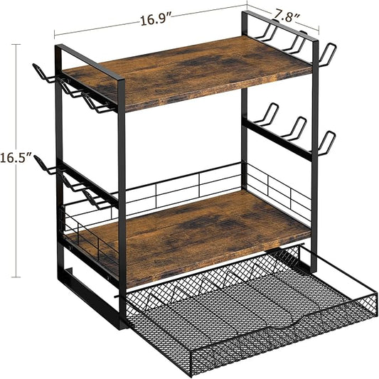 Coffee Station Organizer, 3 Tier Bar Organizer for Countertop, Mug Cup Holder Stand With 12 Hooks and 28 K Cup Storage for Kitchen, Home & Office, Rustic Brown-NeatNest