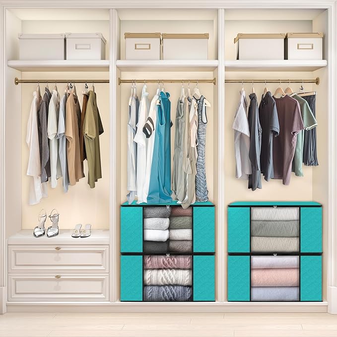 Fab totes 4 Pack Clothes Storage, Foldable Thick Fabric Blanket Storage Bags, Containers for Organizing Bedroom, Closet, Clothing, Comforter,Closet Organization with Handle,Green-NeatNest