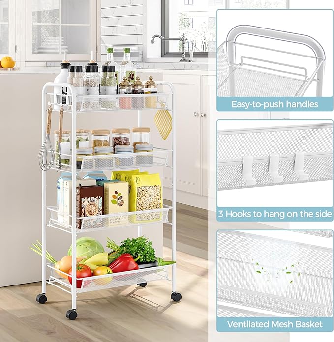 4-Tier Metal Utility Cart, Mesh Wire Rolling Cart on Wheel, Storage Trolley with Easy Assembly, Organizer Craft Cart 3 Hooks, Mobile Shelving Unit for Bathroom, Laundry Room, Home