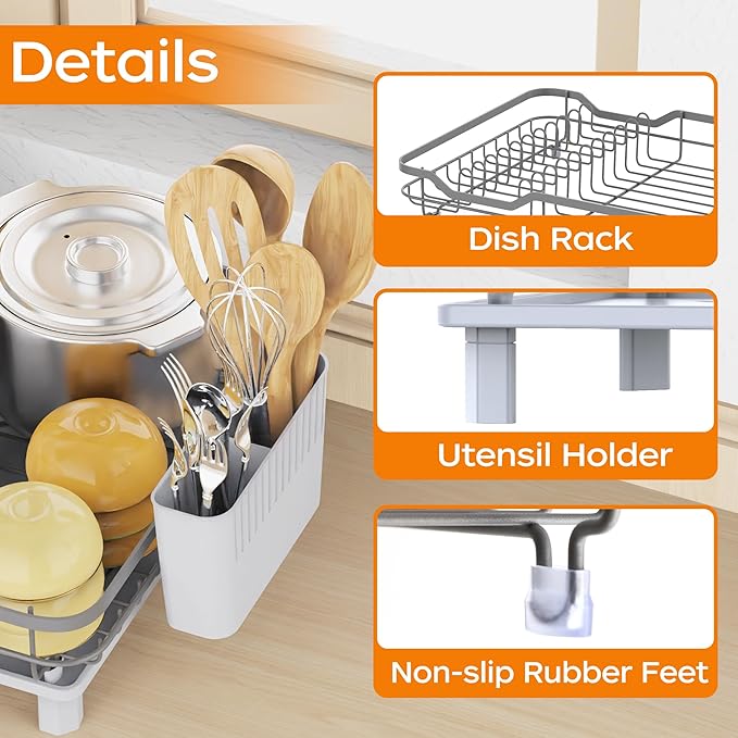 Dish Drying Rack, Stainless Steel Rustproof Dish Rack for Kitchen Counter, Sturdy Dish Drainer with Drainboard, Drainage, Utensil Holder for Various Kitchenware, 16.2"(L) x 12.6"(W), Grey