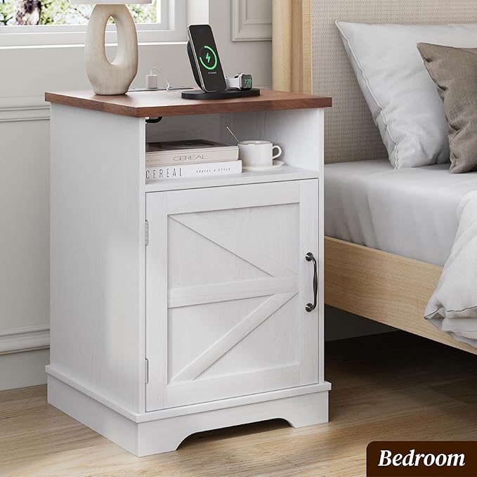 Farmhouse White Nightstand with Charging Station, Bedside Table with Storage, Rustic Side End Table with Walnut Top, Night Stands with Open Shelf for Bedroom