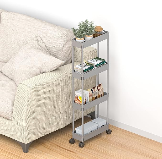 Sooyee 4 Tier Slim Storage Cart,Rolling Storage Cart,Narrow Shelf,Bathroom Rack,Mobile Shelving Unit Organizer for Kitchen, Bathroom, Laundry Room, Grey