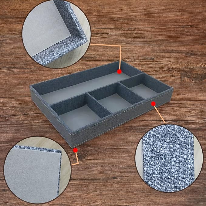 Desktop Storage Organizer, Bedside Table or Storage rack Leather Tray, Valet Tray, Dresser Organizer, 4 Compartments,PU Leather Drawer Storage Organizer Decorative Trays. (gray)-NeatNest
