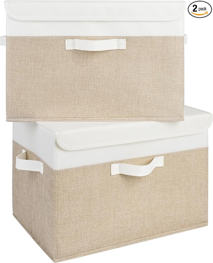 GRANNY SAYS Storage Boxes with Lids, Decorative Storage Bins, Shelf Baskets, Clothes Storage and Organization, White/Khaki, 2-Pack-NeatNest