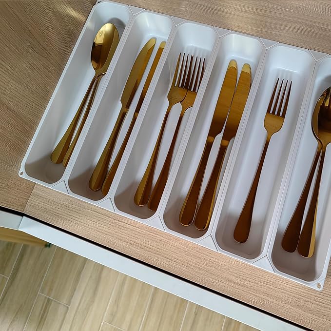 custom silverware tray small drawer organizer for utensils holder 7.5 ines cutlery tray, DIY organizer for silverware, flatware, knives in Kitchen, white (White, Small)10.25 * 7.65 in 3IN1-NeatNest