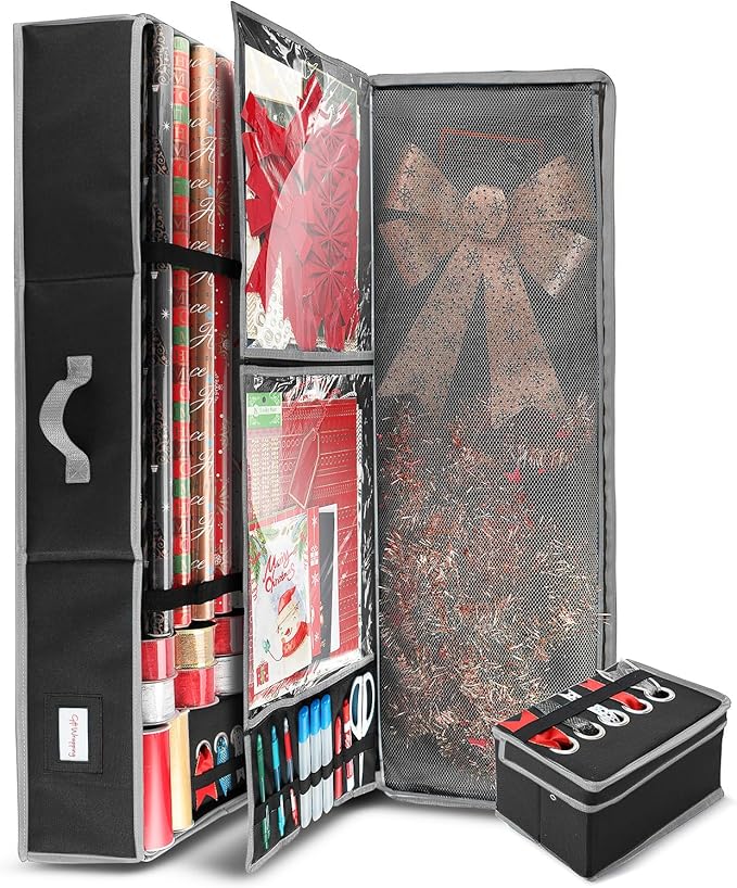 Hearth & Harbor Wrapping Paper Storage Container with Ribbon Storage Organizer - Christmas Storage Bag with Extra Interior Pockets - Gift Wrapping Organizer Storage Fits Up to 26 Rolls of 40" Length-NeatNest