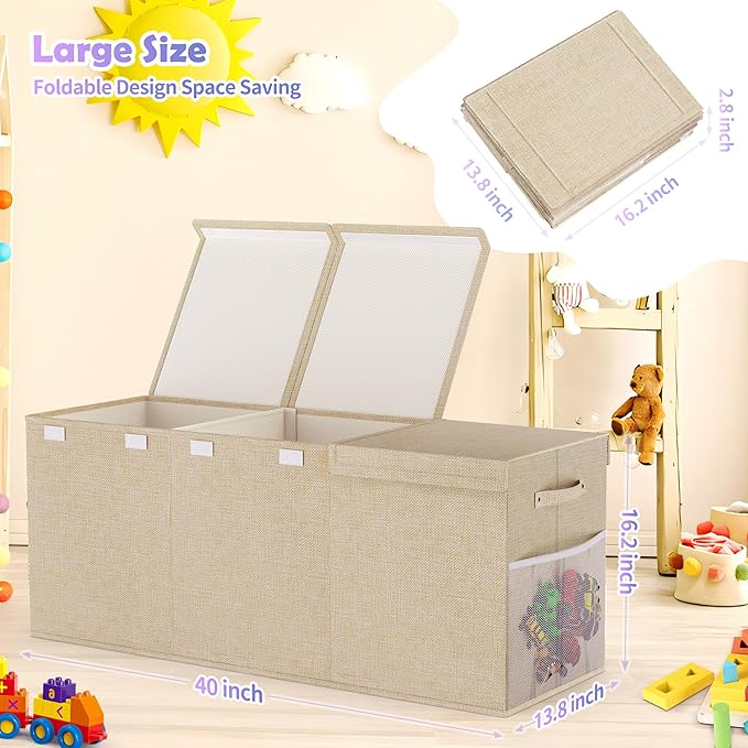 Extra Large Toy Box, Collapsible Sturdy Kids Toy Chest for Boys, Girls, 40"x14"x16" Storage Organizer Toddler Storage Bins with Lids, Toybox Basket for Living Room, Bedroom, Nursery, Beige