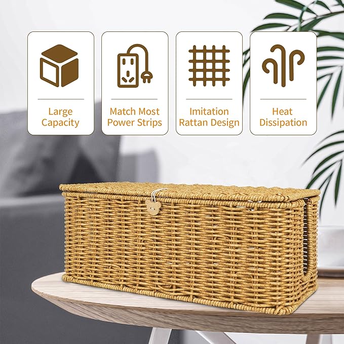 Cable Management Box, Upgrade Large Cable Organizer Box, Handmade Rattan Floor Cord Covers with 4 Open Slots, Cord Hider for Power Strips, Wires Storage
