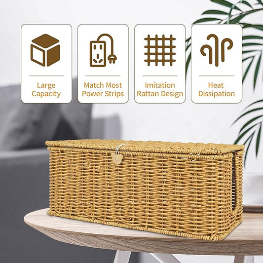 Cable Management Box, Upgrade Large Cable Organizer Box, Handmade Rattan Floor Cord Covers with 4 Open Slots, Cord Hider for Power Strips, Wires Storage-NeatNest