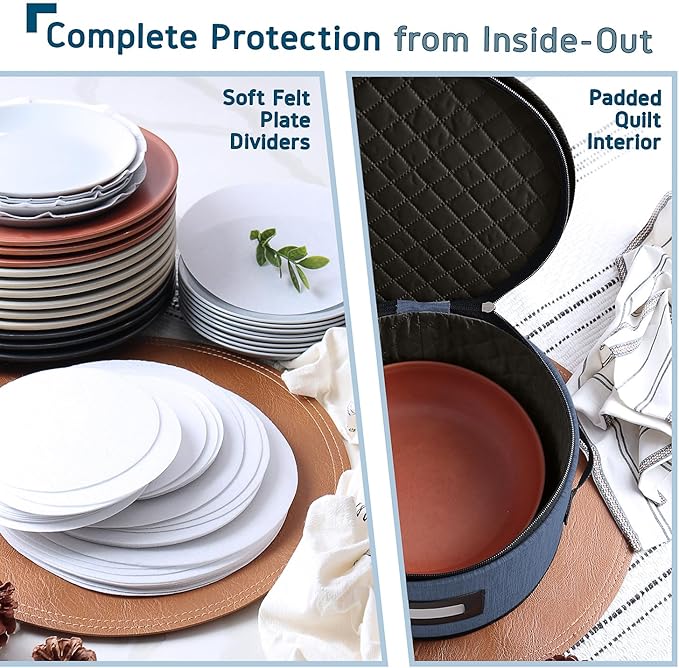 Fine China Storage Containers Hard Shell, 4 Piece Dish Storage Containers, Quilted Plate Containers, Stackable Dish Organizer with Dividers, Dinnerware Storage for Moving and Seasonal Storage, Blue-NeatNest