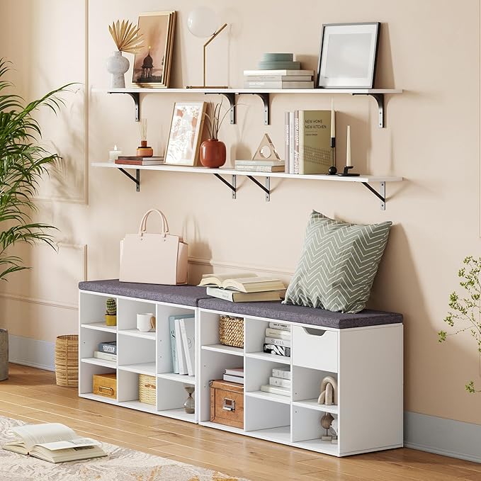 DINZI LVJ Shoe Bench,Entryway Storage Bench with Drawer and 8 Cubbies,Cubby Rack Adjustable Shelves,Shoe Organizer Cabinet for Living Room,Bedroom,Mudroom,Closet Garage,White-NeatNest