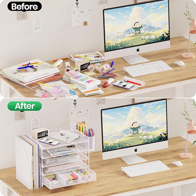 Desk Organizers and Accessories, 5-Tier Paper File Organizer with Drawer & Pen Holder, Office Desk Accessories Workspace Desktop Organizer for Office Supplies (White)-NeatNest